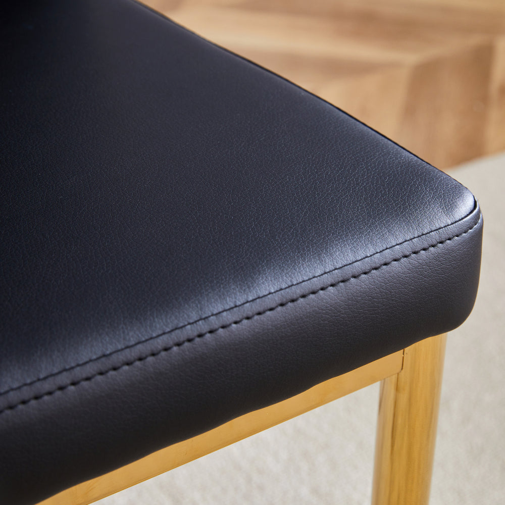 4pcs Stylish Black Dining Chair Set | Golden Metal Legs and Black PU Leather, Modern Style, Solid Back, Wipe Clean Care