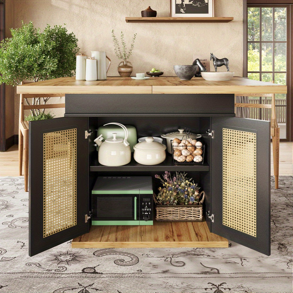 Uittrekbare Eettafel – Uitschuifbare Tafel – Uitklapbare Keukentafel – Multifunctionele Eettafel – Ruimtebesparende Tafel – Zwart Met PE Rotan Deuren – 110-140x80 cm – Geschikt Voor 4-6 Personen