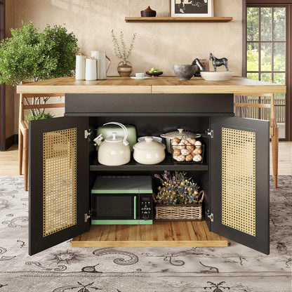 Uittrekbare Eettafel – Uitschuifbare Tafel – Uitklapbare Keukentafel – Multifunctionele Eettafel – Ruimtebesparende Tafel – Zwart Met PE Rotan Deuren – 110-140x80 cm – Geschikt Voor 4-6 Personen