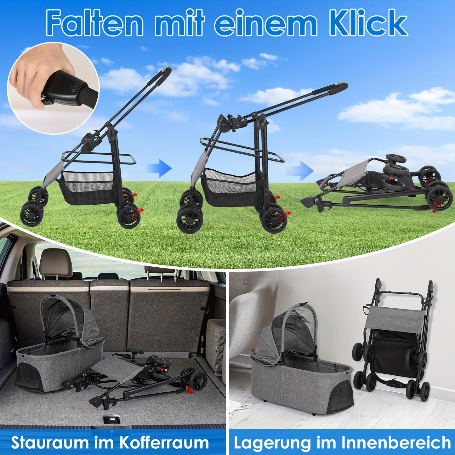 Hondenbuggy – Hondenwagen – Hondenkar – Dierenwagen – Huisdierenwagen – Tot 30 kg Draagvermogen – 360° Draaibare Dubbele Wielen – Inklapbaar – Oxford Stof