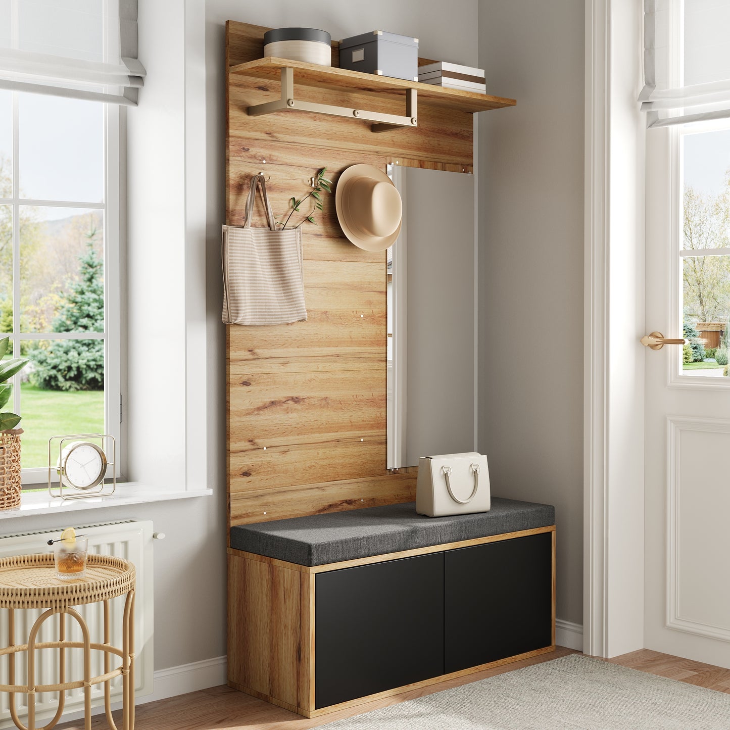 BTM Compact Wardrobe / Hallway Furniture Set with Mirror, Bench, Shoe Cabinet, Hooks, and Shelf in Wood Look, Space-Saving Wardrobe for Hallway & Entryway, 100×38×190 cm