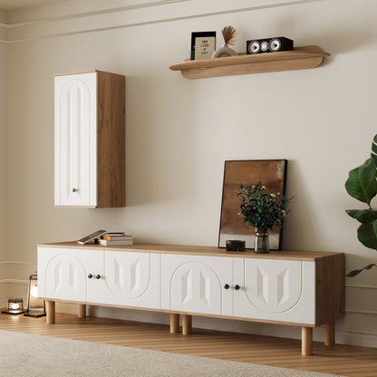 Tv-meubel – TV-kast – TV-dressoir – Wandmeubel – Media meubel – 3-delige set – Wit met beige houtlook – Opbergruimte met reliëfdeuren