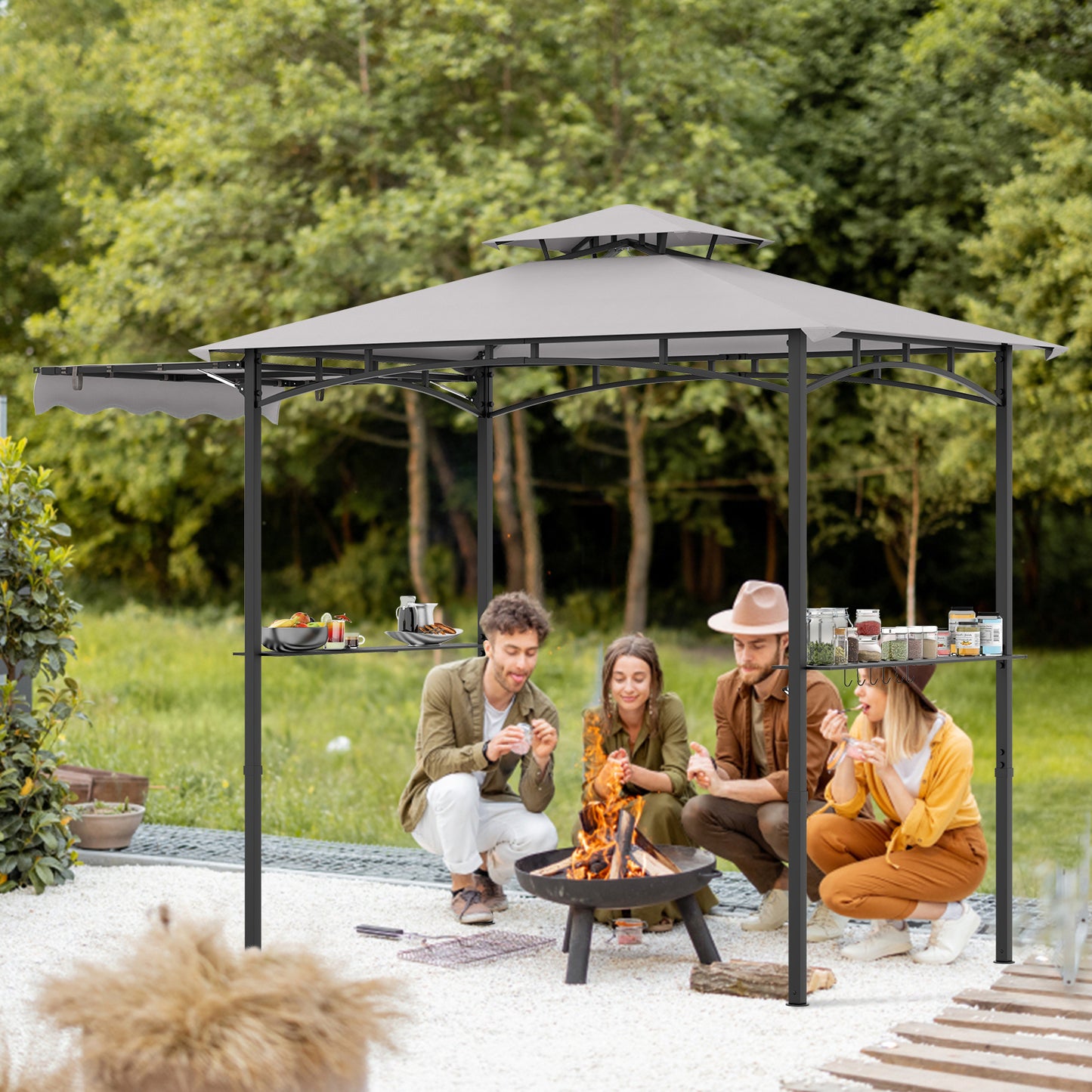 10.5 x 5 FT Grill Gazebo Side Awning, Outdoor Barbecue Canopy Tent Double Tiered Top, Serving Tables