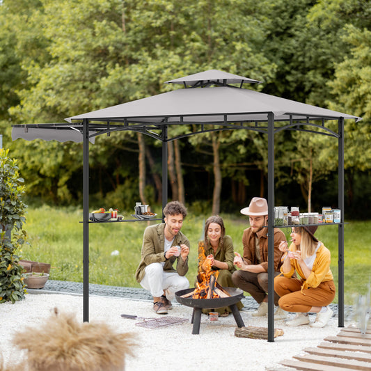 10.5 x 5 FT Grill Gazebo Side Awning, Outdoor Barbecue Canopy Tent Double Tiered Top, Serving Tables