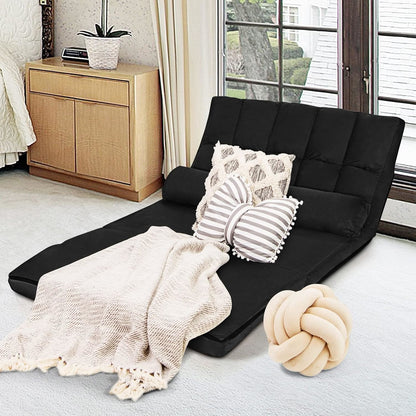 Verstelbare Vloerbank – Sleeper Bed – Klapbank – Loungestoel – Gaming Sofa – 5-Standen Rugleuning – Zachte Suède Bekleding – Inclusief 2 Kussens – Zwart