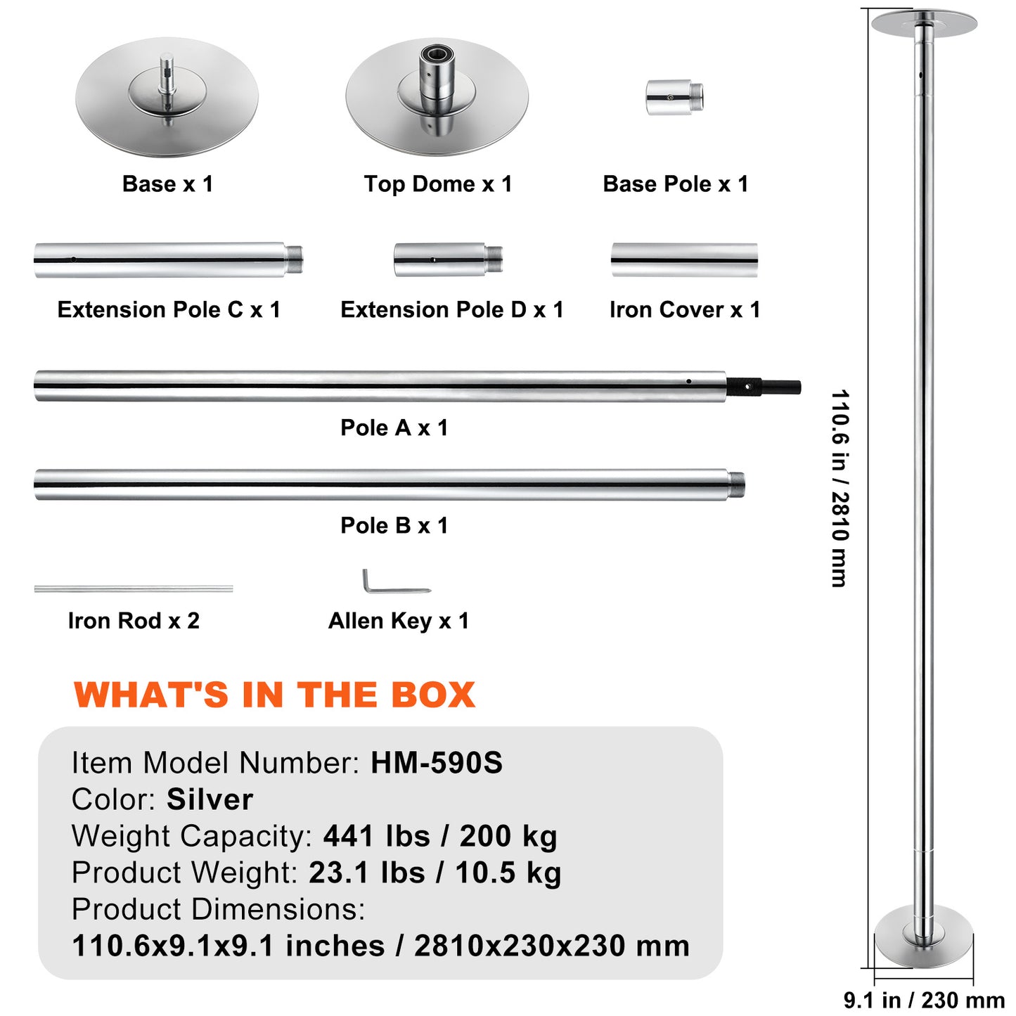 Danspaal – Danspilaar – Pole Dance Paal – Danspilaar Standaard – Roestvrij Staal – 45mm Diameter – Verstelbare Hoogte – Draaiend en Vast