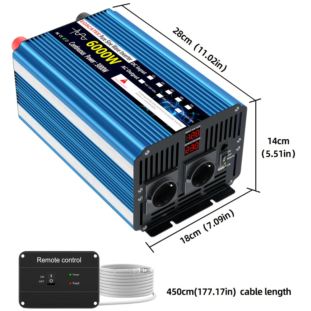 Omvormer 6000W – Spanningsomzetter – Stroomomzetter – DC naar AC Converter – Power Inverter – Zuivere Sinusgolf – LCD Display & Afstandsbediening – Compact Metalen Behuizing