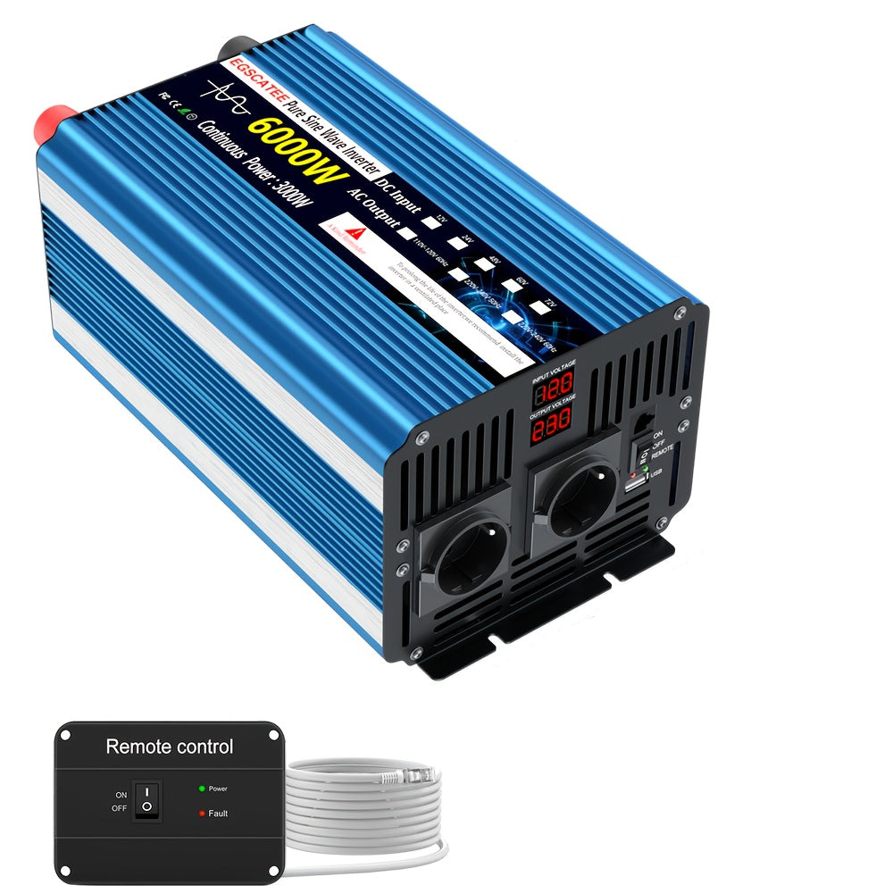 Omvormer 6000W – Spanningsomzetter – Stroomomzetter – DC naar AC Converter – Power Inverter – Zuivere Sinusgolf – LCD Display & Afstandsbediening – Compact Metalen Behuizing