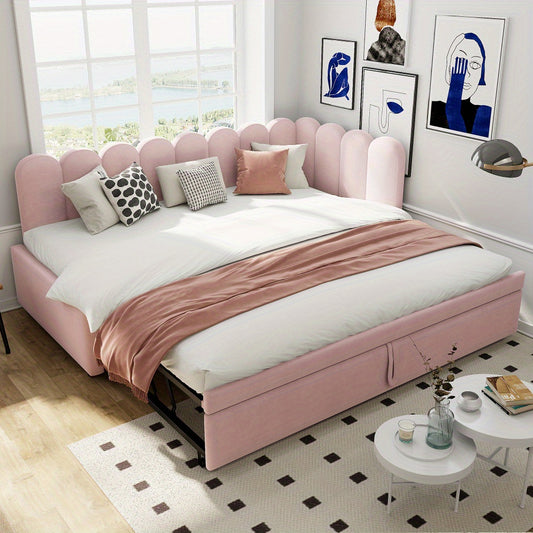 Slaapbank – Bedbank – Logeerbed – Bank – Bed – L-vormige Bedbank Roze Fluweel – Uitschuifbaar Tweepersoonsbed 140x200 cm – Bloemvormige Rugleuning