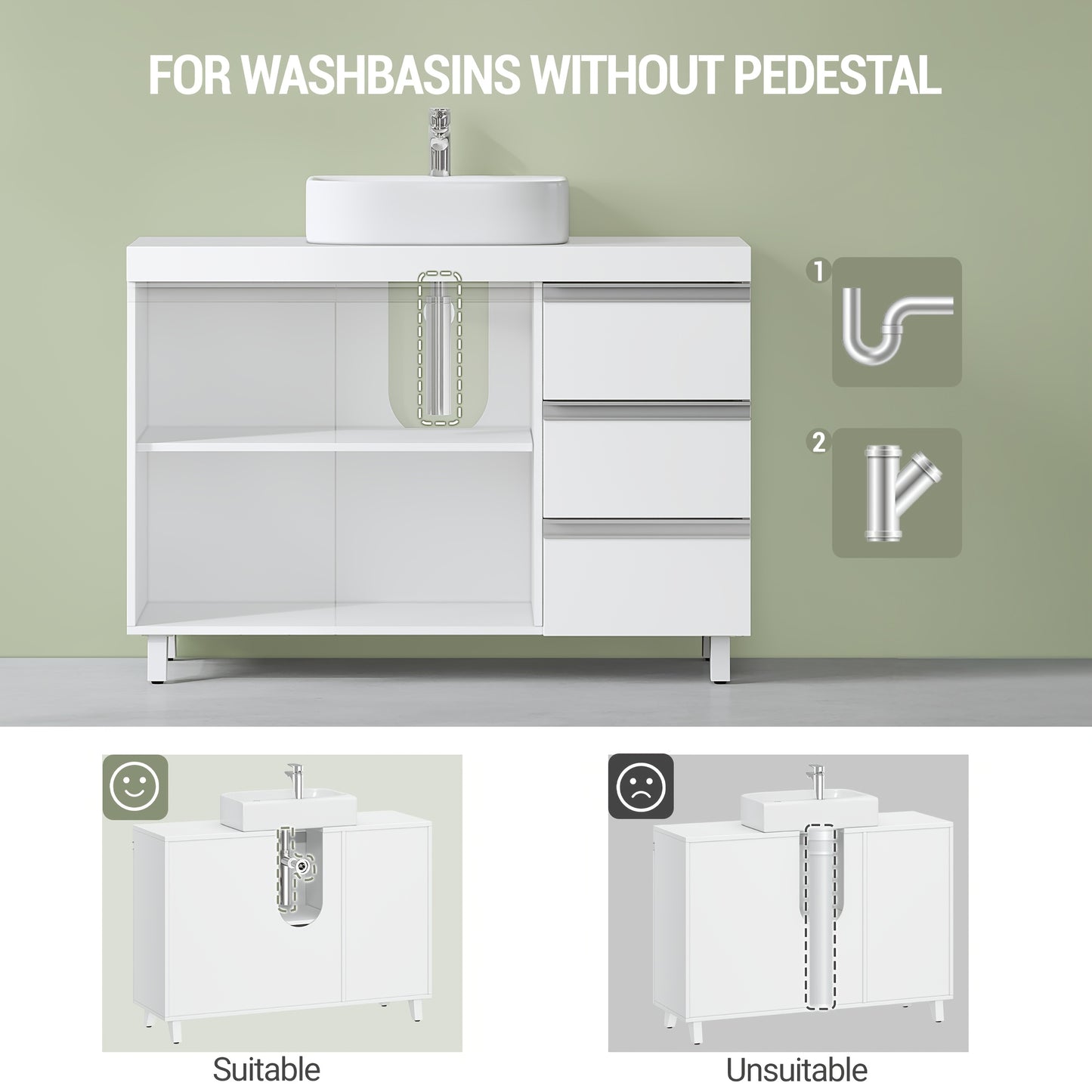 Badkamerkast – Wastafelmeubel – Badkamermeubel – Opbergkast – Kast Met Laden – Vrijstaand – 3 Laden En 2 Compartimenten – Duurzaam Spaanplaat – Compact 30x90x64 cm – Wit