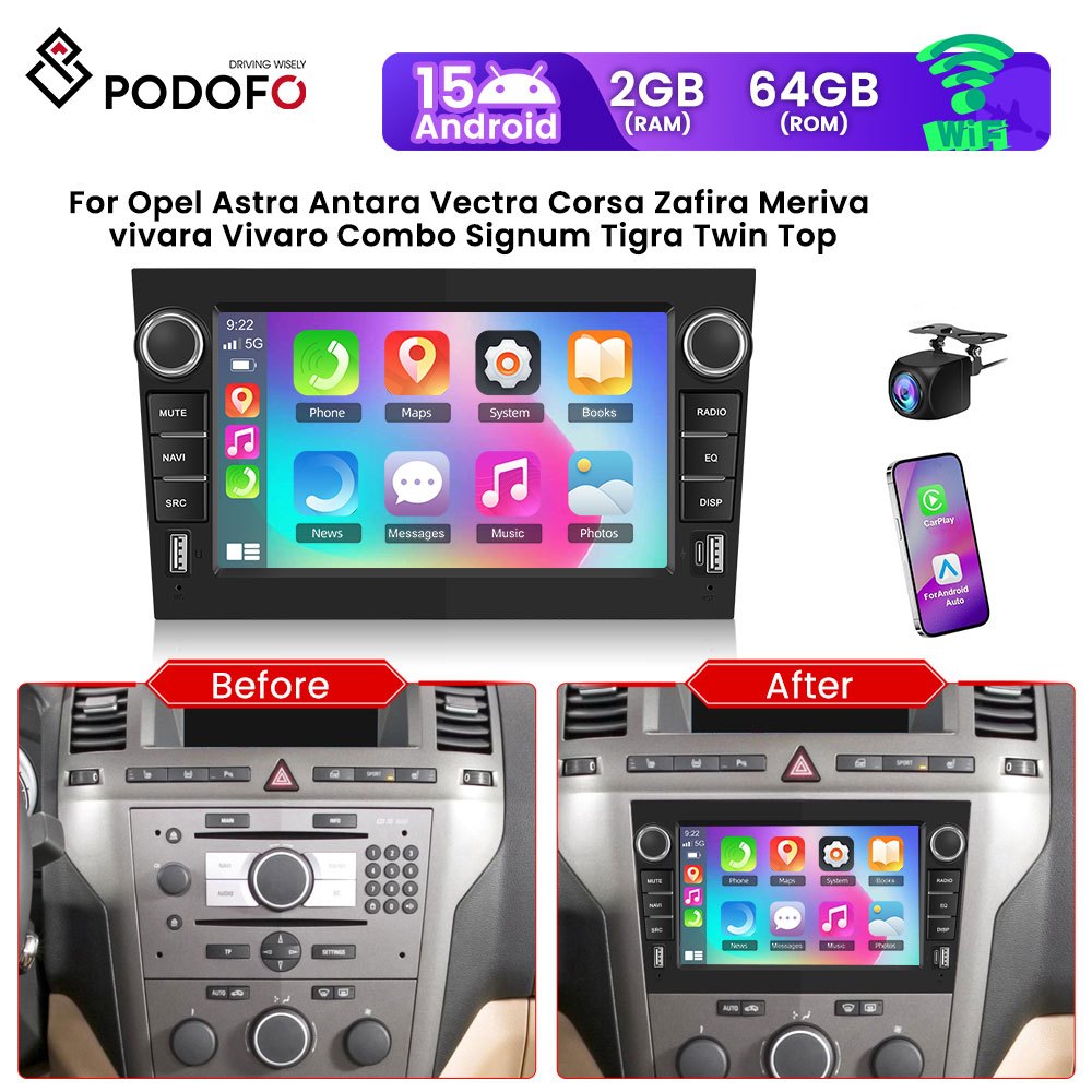 7-inch Android 15 Autoradio – Multimedia Speler – Navigatie Systeem – Touchscreen Radio – GPS Navigatie – Draadloos CarPlay & Android Auto – 2GB RAM 64GB Opslag – Achteruitrijcamera Inclusief