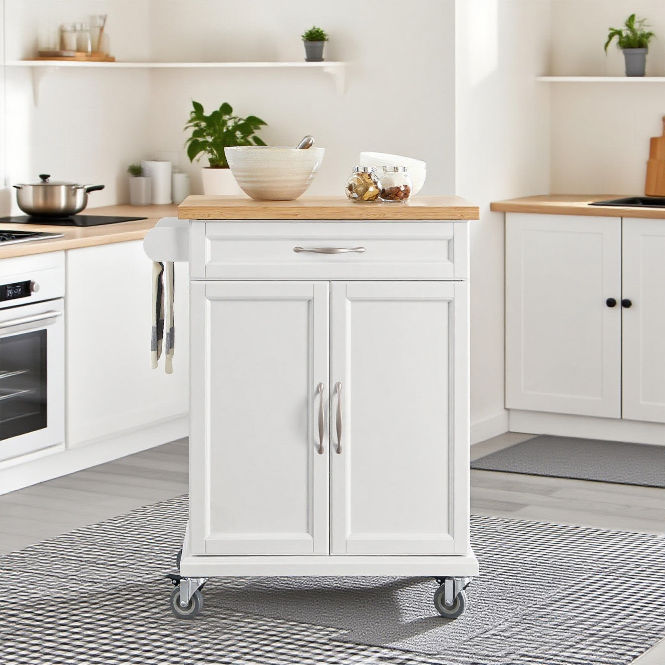 Keukentrolley – Keukenwagen – Serveerwagen – Keukenkast – Opbergtrolley – Bamboe Werkblad – 66x45x91 cm – MDF Frame – Verrijdbaar met Remmen