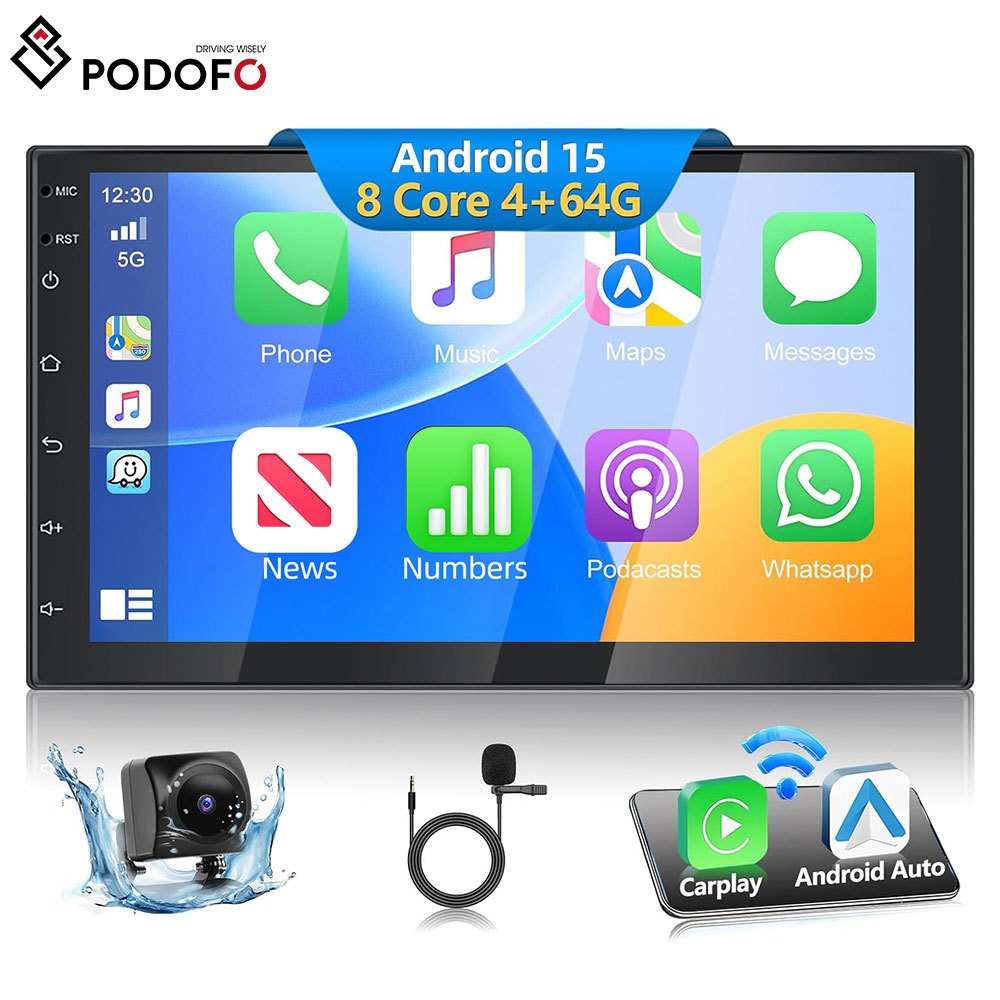 Android 15 2-DIN Autoradio – Multimedia Systeem – Auto Stereo – Navigatie Systeem – Draadloze CarPlay – 7 Inch Touchscreen – 4 GB RAM 64 GB Opslag – Met AHD Achteruitrijcamera & Microfoon