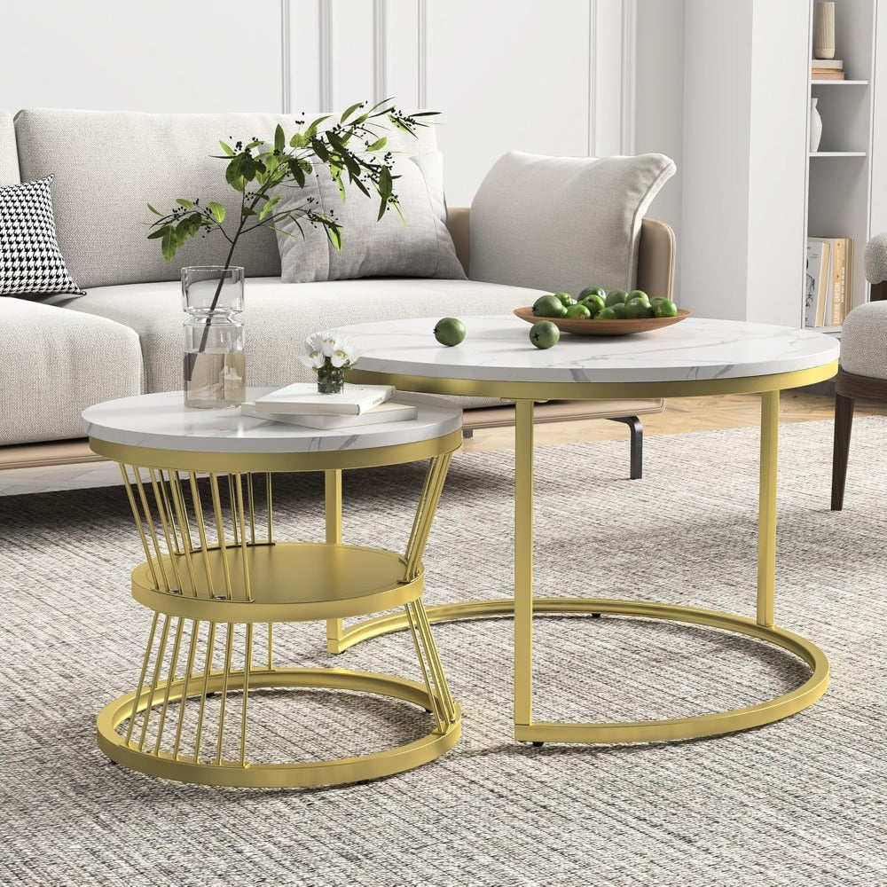 Ronde Salontafel Set – Bijzettafel – Nesting Tafels – Kleine Tafel – Laagbouw Tafels – Wit Goud – Marmerlook MDF Blad – Metaal Frame – Ruimtebesparend – Lichtgewicht