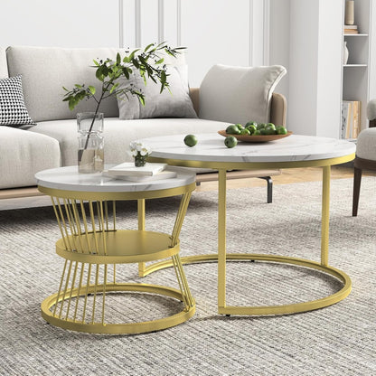Ronde Salontafel Set – Bijzettafel – Nesting Tafels – Kleine Tafel – Laagbouw Tafels – Wit Goud – Marmerlook MDF Blad – Metaal Frame – Ruimtebesparend – Lichtgewicht