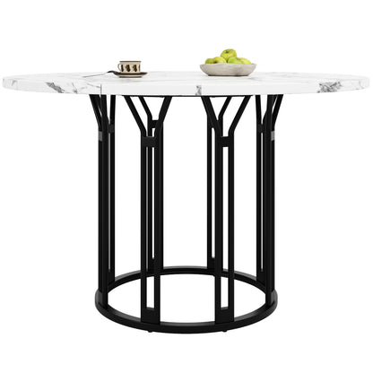 Ronde Eettafel – Ronde Tafel – Keukentafel – Ontbijttafel – Eettafel Zwart Metaal – Marmerlook MDF Blad – Verstelbare Voeten – 100 cm Diameter