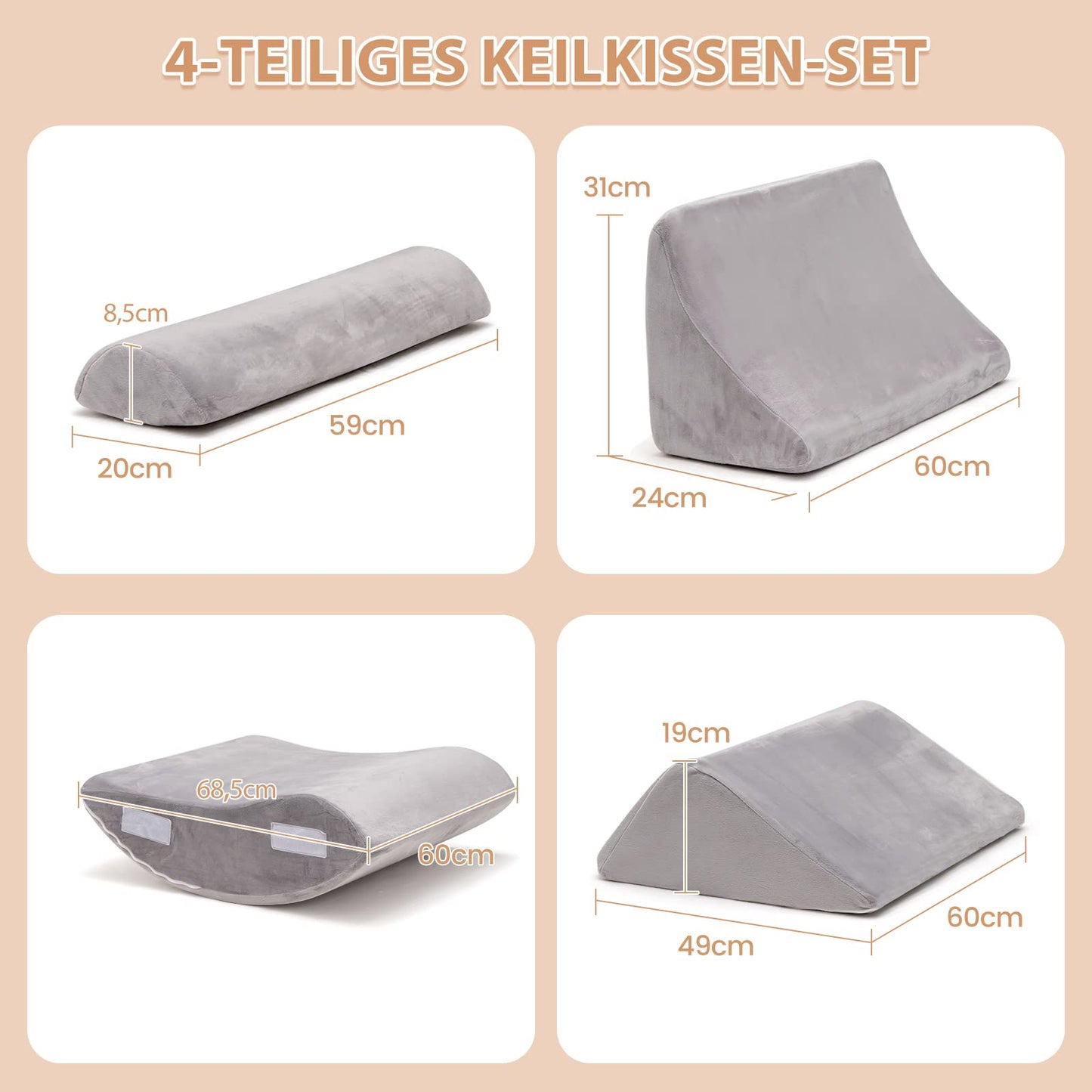 Vierdelige Bed Wedge Kussen Set – Comfortkussen – Steunkussen – Leessteunkussen – Rugsteun Kussen – Grijs – Memory Foam – Afneembare Wasbare Hoezen