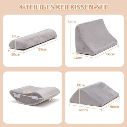 Vierdelige Bed Wedge Kussen Set – Comfortkussen – Steunkussen – Leessteunkussen – Rugsteun Kussen – Grijs – Memory Foam – Afneembare Wasbare Hoezen