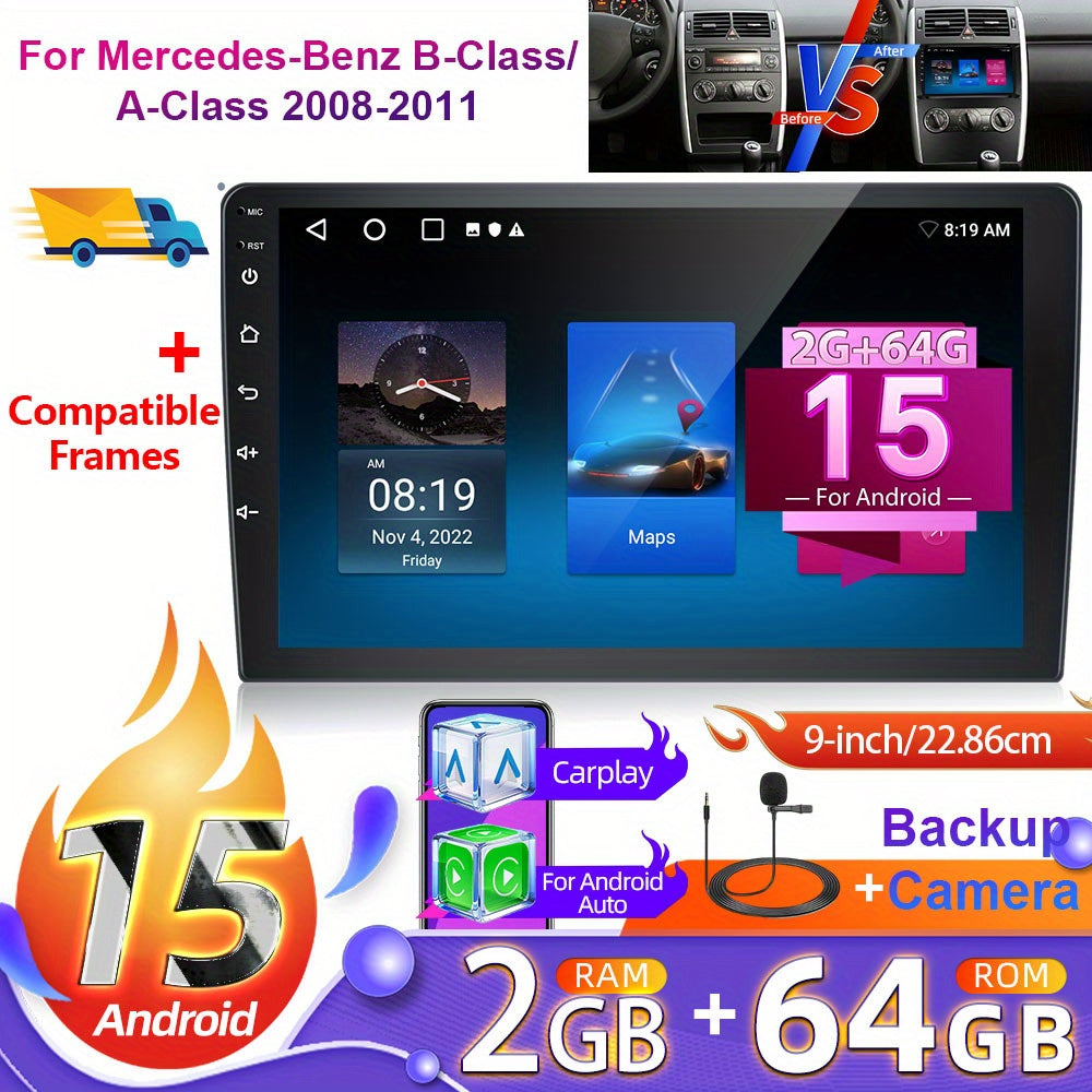 for Mercedes-Benz B-Class/A-Class 2008-2011 Android 15 Car Stereo with 9” HD Touchscreen, Wireless CarPlay & Android Auto, GPS, Canbus, Rear View Camera, Wireless, FM Radio, Dual, Steering Wheel Control (Frame Included) - C