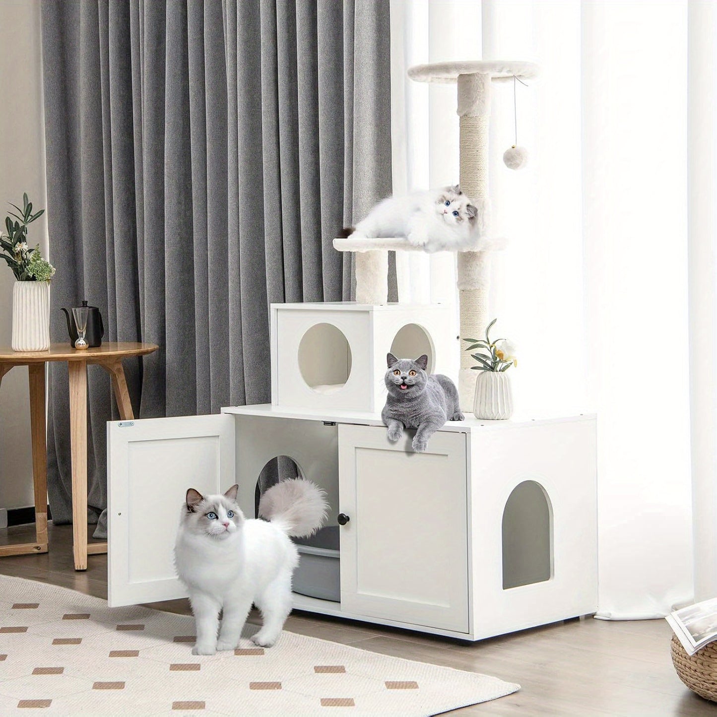 Krabpaal – Krabboom – Kattenboom – Kattenhuis – Kattenmeubel – Incl. Speelbal – 132 cm Hoog – Wit Houten Design