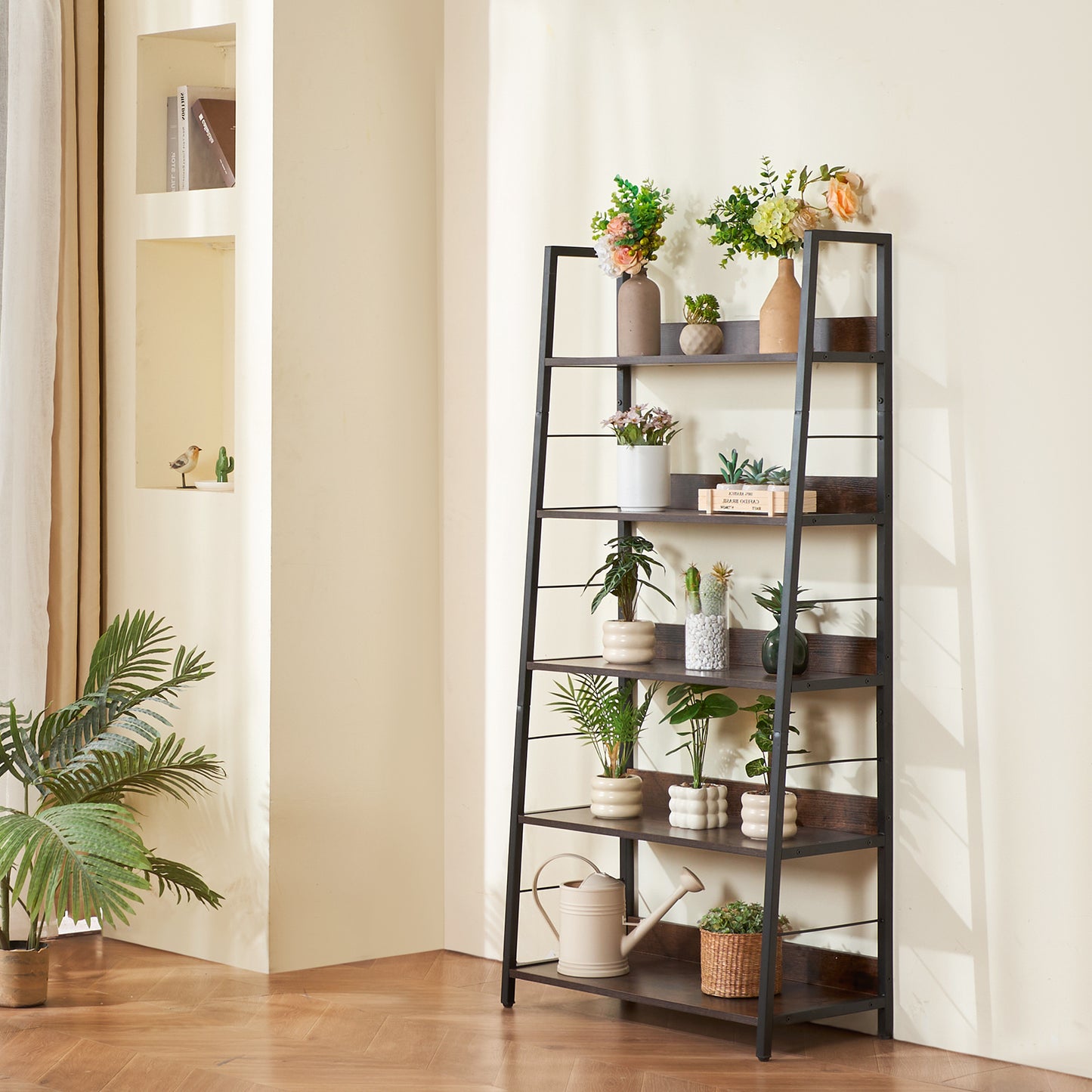 Metalen Boekenplank – Boekenkast – Plankenrek – Opbergkast – Display Rek – 5 Lagen – Stabiel Metalen Frame – Krasbestendige Bruine Afwerking