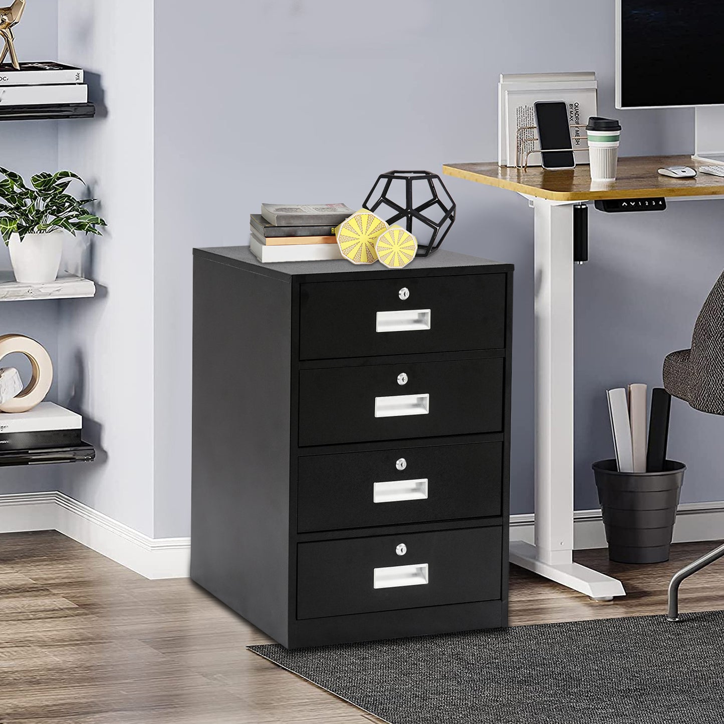 Metalen Opbergkast – Ladekast – Archiefkast – Documentenkast – Lockerkast – Stevig Koudgewalst Staal – 4 Lockable Laden met Sloten – Ruimtebesparend Verticaal Design – Zwart