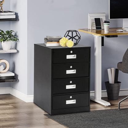 Metalen Opbergkast – Ladekast – Archiefkast – Documentenkast – Lockerkast – Stevig Koudgewalst Staal – 4 Lockable Laden met Sloten – Ruimtebesparend Verticaal Design – Zwart
