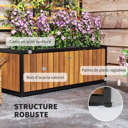 Verhoogde Plantenbak – Tuinbak – Bloembak – Plantenbak Met Klimrek – Balkonbak – Acaciahout En Staal – Drie Plantenvakken Met Drainage – Verstelbare Voeten 74x27x131 cm Teak