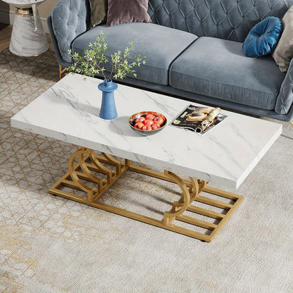 Salontafel – Koffietafel – Bijzettafel – Woonkamertafel – Lounge tafel – Wit & Gouden Design – Extra Lang 120 cm – MDF Tafelblad Met Faux Marmer Laminaat