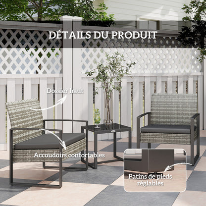 Loungeset – Tuinset – Balkonset – Bistroset – Loungemeubilair – Lichtgrijs – Weerbestendig PE Rattan – Glasplaat Bijzettafel