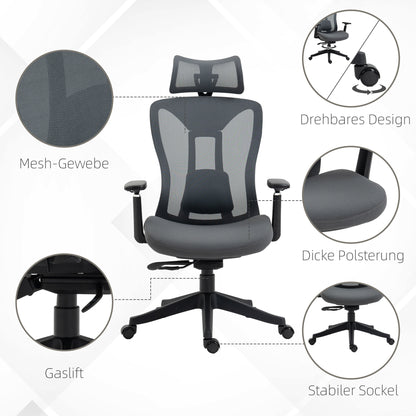 Bureaustoel – Ergonomische Stoel – Draaistoel – Kantoorstoel – Gamingstoel – Verstelbare Rugleuning – Hoofdsteun – Mesh – Grijs