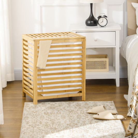 Wasmand – Wasbox – Wassorteerder – Waszak – Opbergmand – Metalen Bamboe Look – Ventilerende Spleten – 55L Inhoud – 50x36x60 cm – Met Deksel – Rechthoekig Design