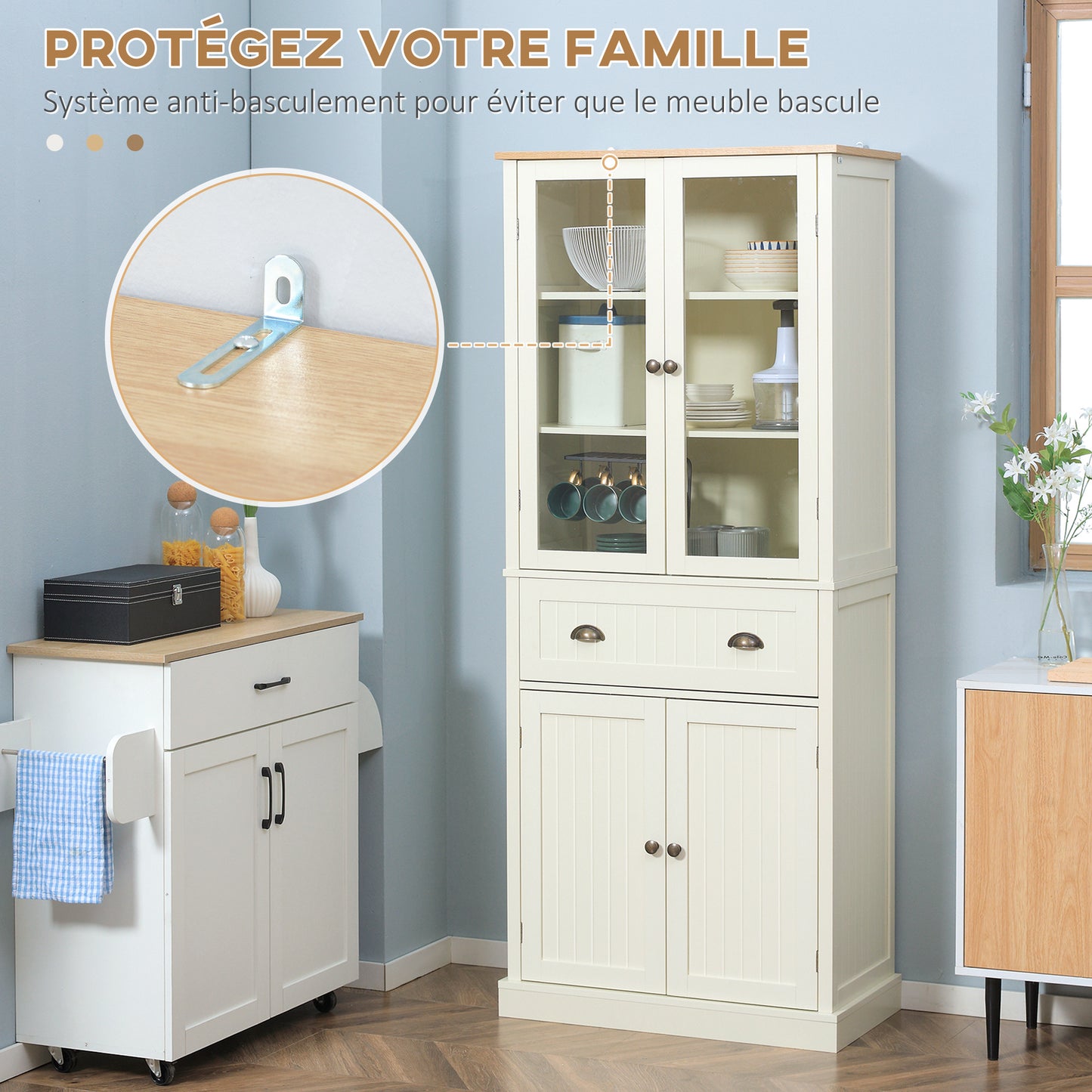 Keukenkast – Buffetkast – Dressoir – Opbergkast – Kast Met Lade – 4 Deuren Inclusief 2 Glazen Deuren – Hoogte 182,5 cm – MDF Beige