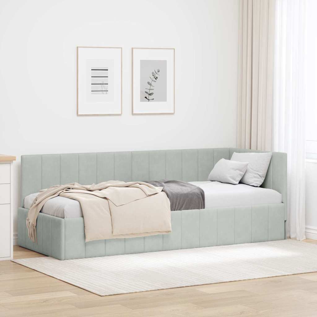 Bedframe – Bedombouw – Ledikant – Slaapmeubel – Slaapbank – 80x200 cm – Lichtgrijs Geperst Hout – Fluwelen Hoofdbord