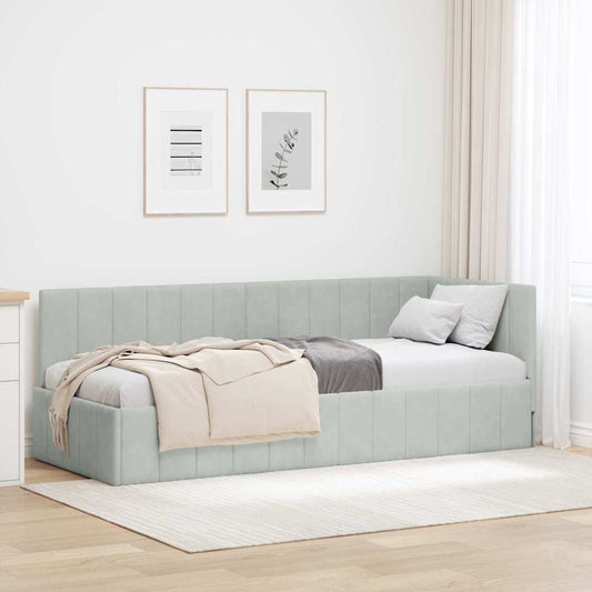 Bedframe – Bedombouw – Ledikant – Slaapmeubel – Slaapbank – 80x200 cm – Lichtgrijs Geperst Hout – Fluwelen Hoofdbord