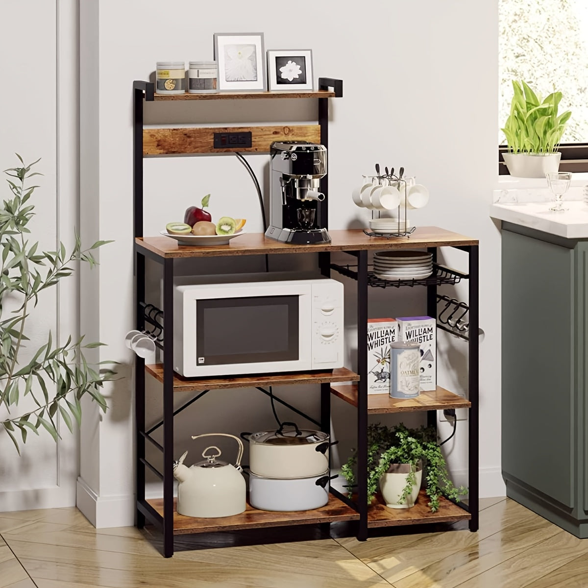 Bakkerrek – Opbergrek – Keukenrek – Stelling – Wandrek – 6-laags Metaal – Vrijstaand – Met Haakjes – Gepoedercoat – Robuust Design