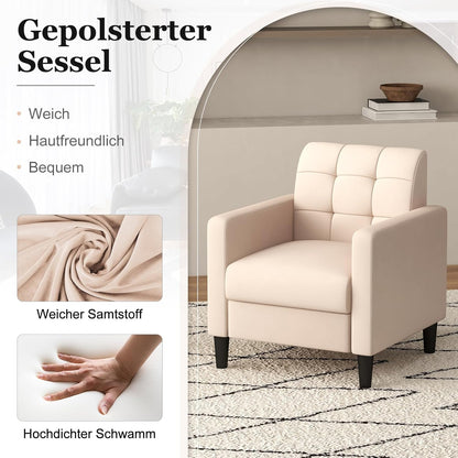 Velvet Fauteuil – Relaxstoel – Lounge Stoel – Armstoel – Leunstoel – Mid-Century Design – Zachte Velvet Bekleding – Stevige Houten Poten – Beige