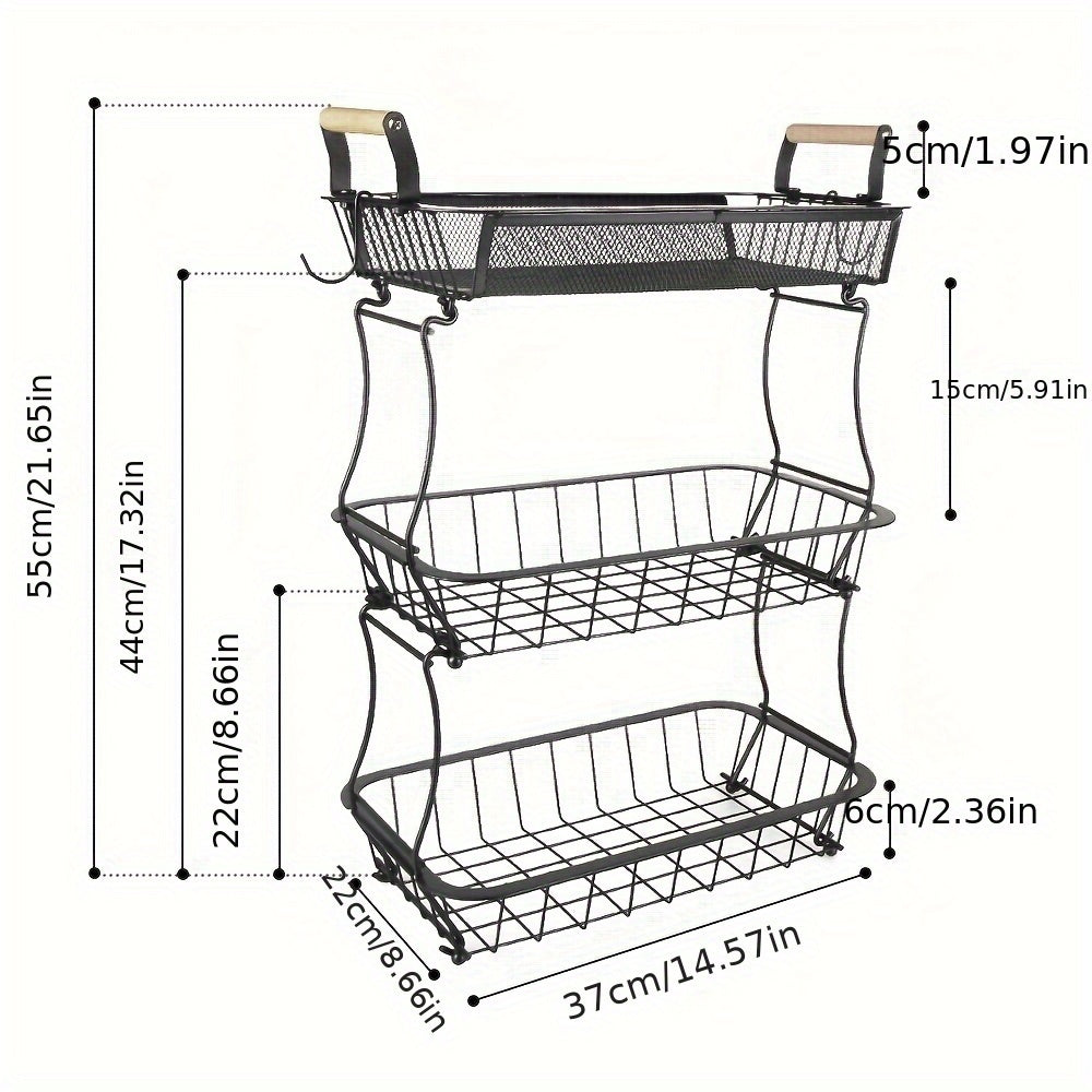 Opbergmand – Opbergbox – Organizer – Kastmand – Opbergsysteem – 3 Laags Carbon Staal – Houten Handvatten – Duurzaam & Ruimtebesparend – 37x22x55 cm