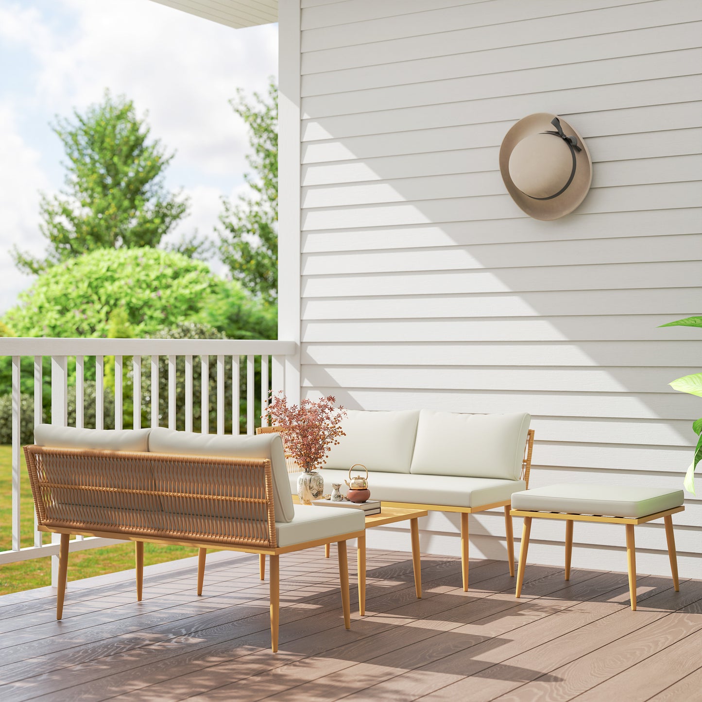 Modulaire Tuinset – Loungeset – Buitenmeubelset – Loungehoek – Balkonset – Weerbestendig Staalframe – Afneembare Splash-Resistente Kussens – Naturel Hout