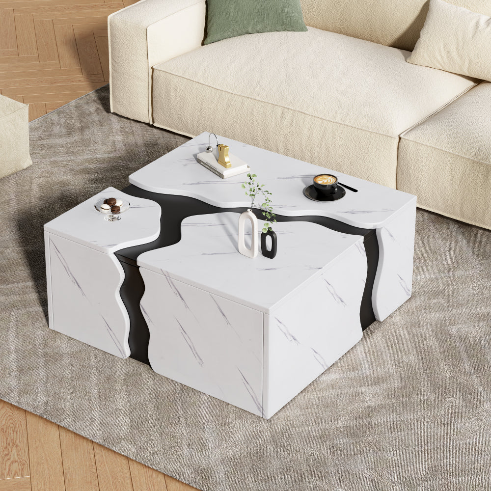 Living Room Coffee Table | 70 x 70 x 31 cm, Cubic Geometric Design, Side Table with Drawer, Uniquely Shaped Marble-Topped Table, Multifunctional Storage and Games Table, Modern Style, Metal Material