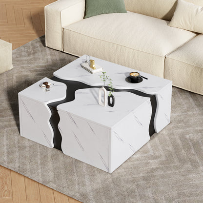 Living Room Coffee Table | 70 x 70 x 31 cm, Cubic Geometric Design, Side Table with Drawer, Uniquely Shaped Marble-Topped Table, Multifunctional Storage and Games Table, Modern Style, Metal Material