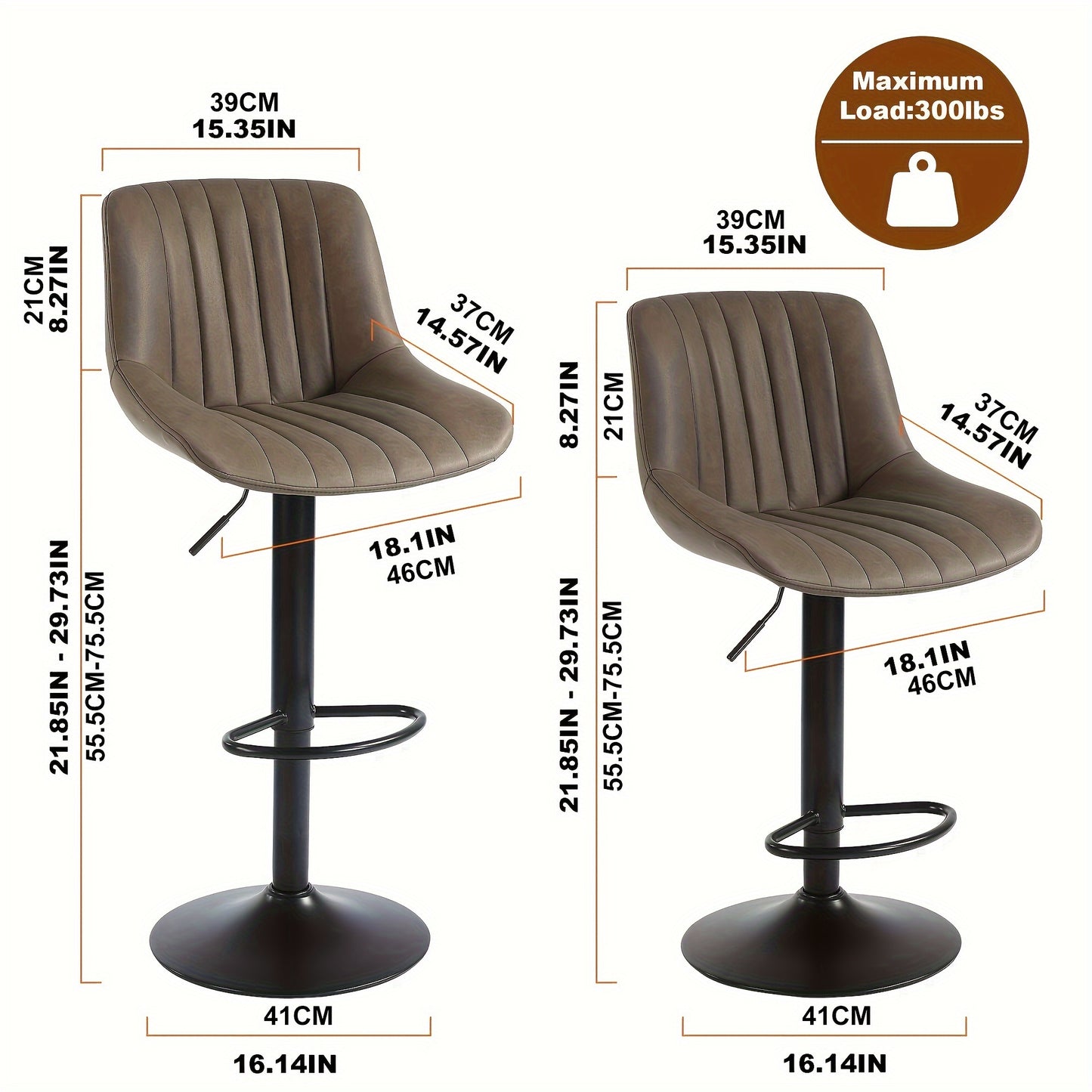 Barkrukken – Barstoelen – Keukenkrukken – Ontbijtbarstoelen – Draaistoelen – Set van 2 – Verstelbare Hoogte – PU-Leren Zitting Bruin
