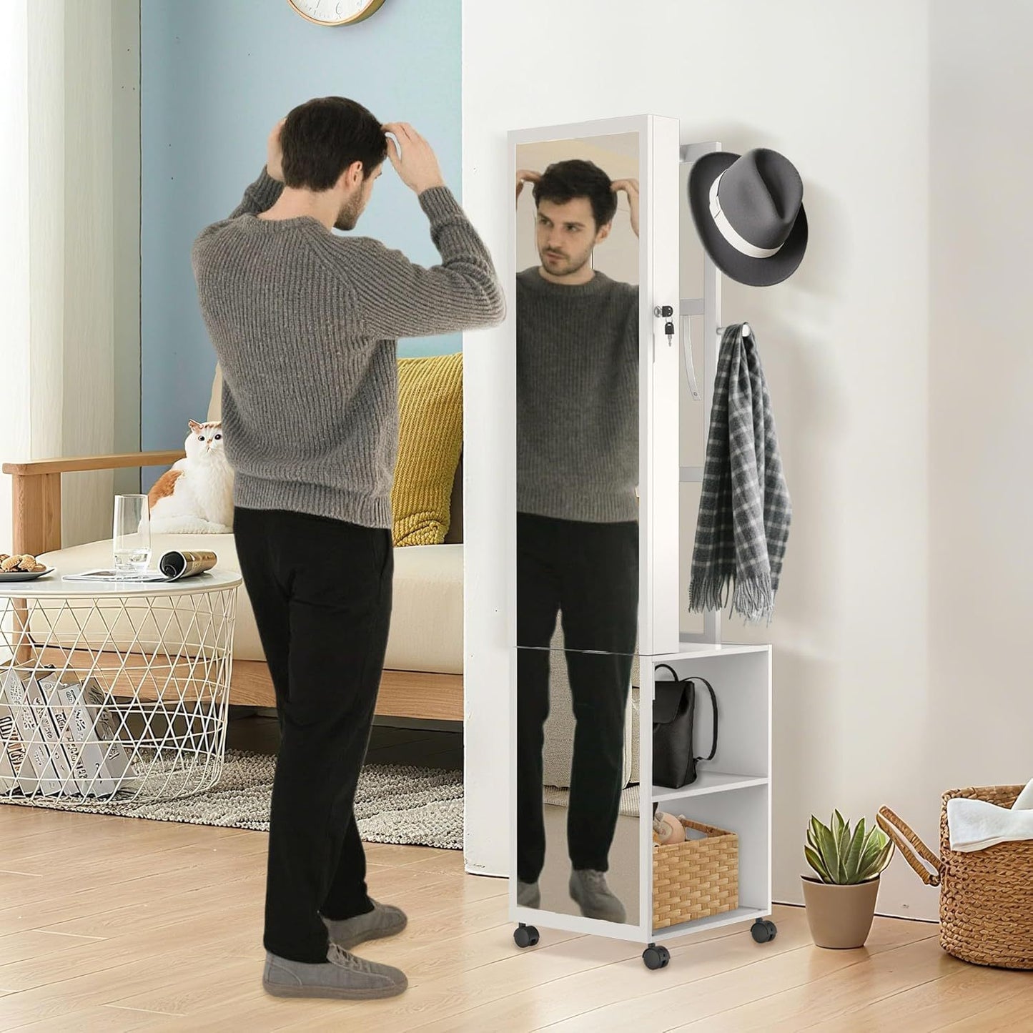 Sieradencabinet – Sieradenkastje – Spiegelkast – Organizer – Accessoirekast – Met Slot en Wieltjes – MDF Met Fluwelen Voering – Volledige Spiegel 36x40x170 cm – Mobiel en Veilig Opbergen