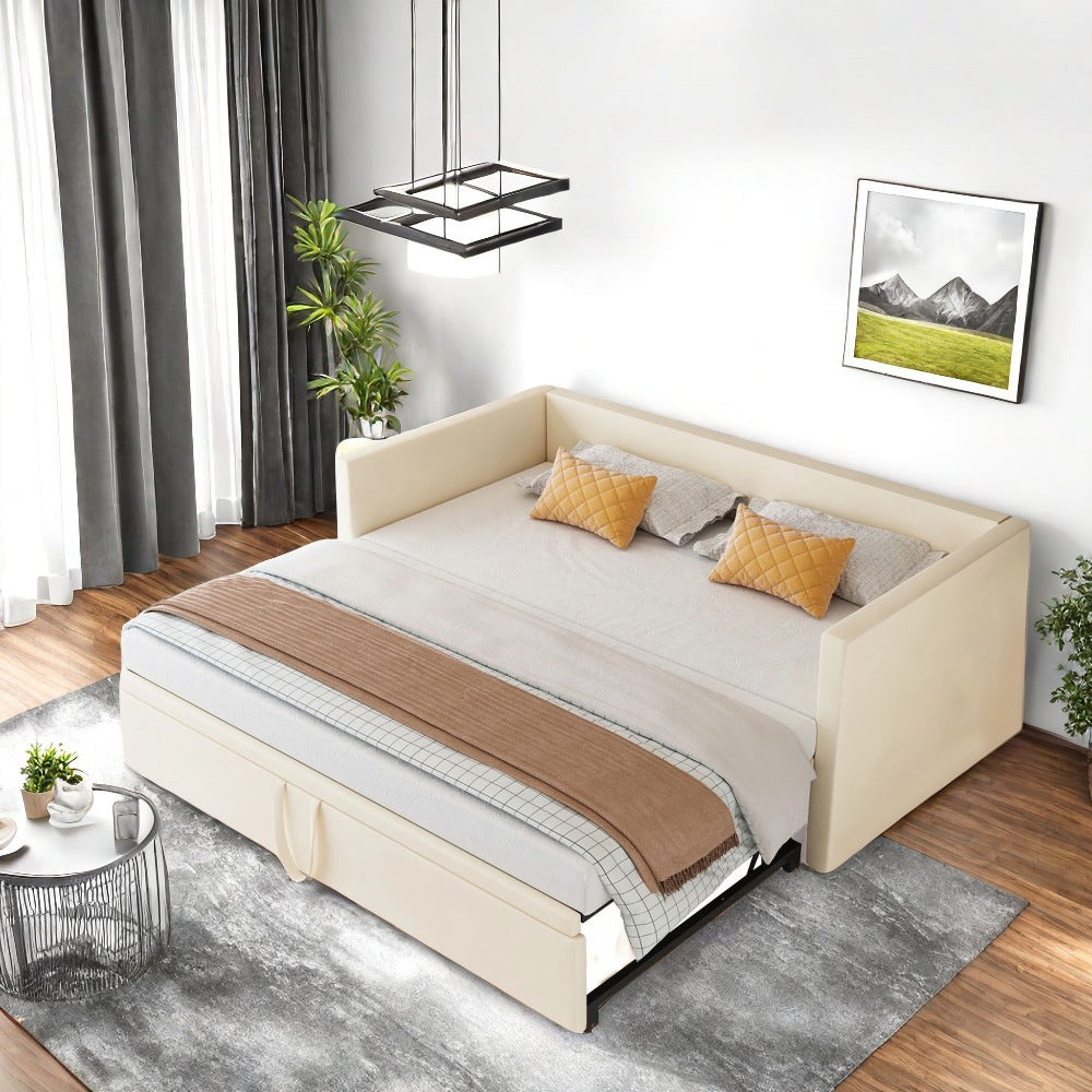 Uitschuifbare Bedbank – Slaapbank – Bedbank – Slaapbank Met Bed – Grijze Velvet Bekleding – 90/180x200 cm – Slim Uitschuifsysteem – Comfortabele Houten Lattenbodem