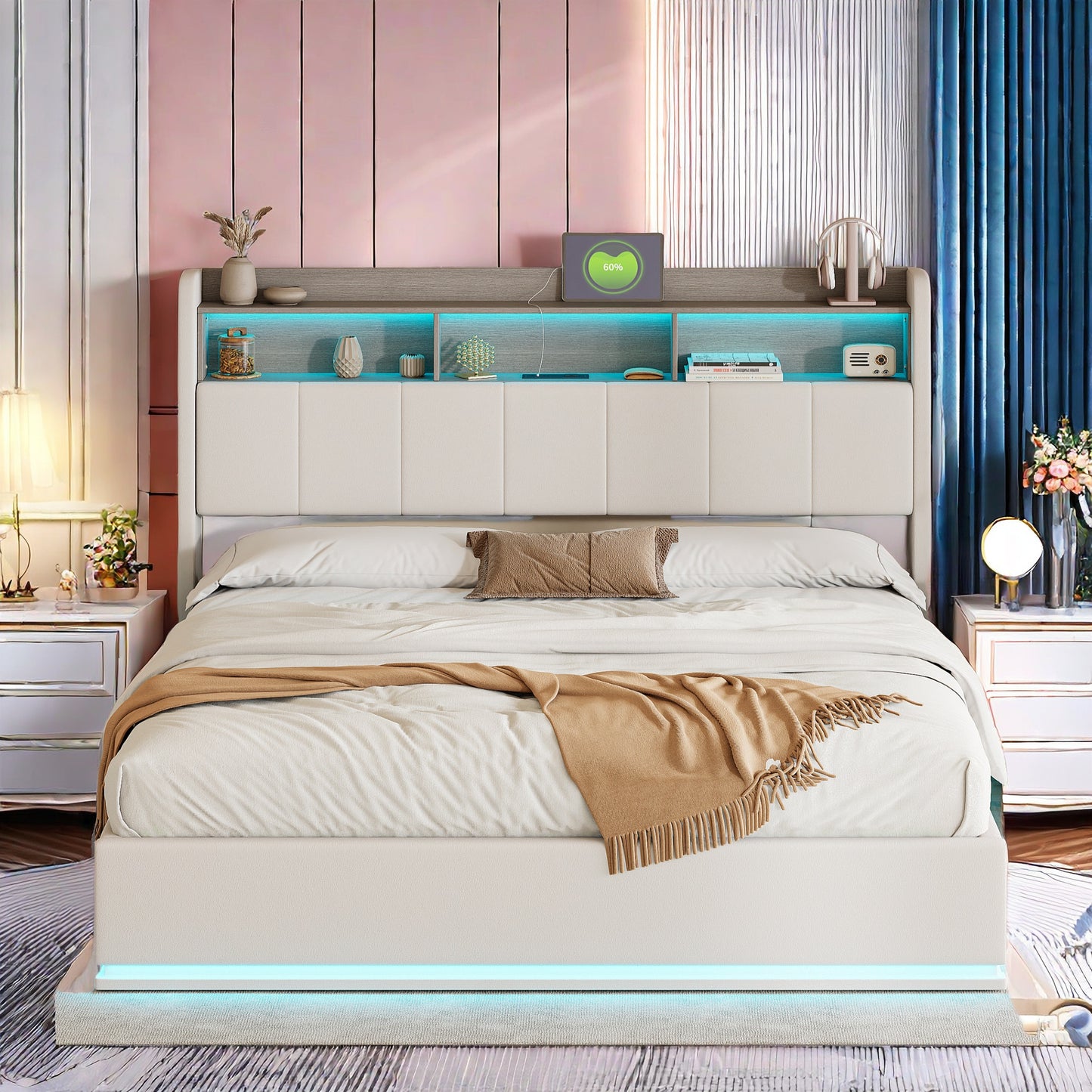 Tweepersoonsbed – Opbergbed – Slaapbank – Bedframe – Fluwelen Bed – 160x200 cm – LED-verlichting & USB-poorten – Met Opberglades