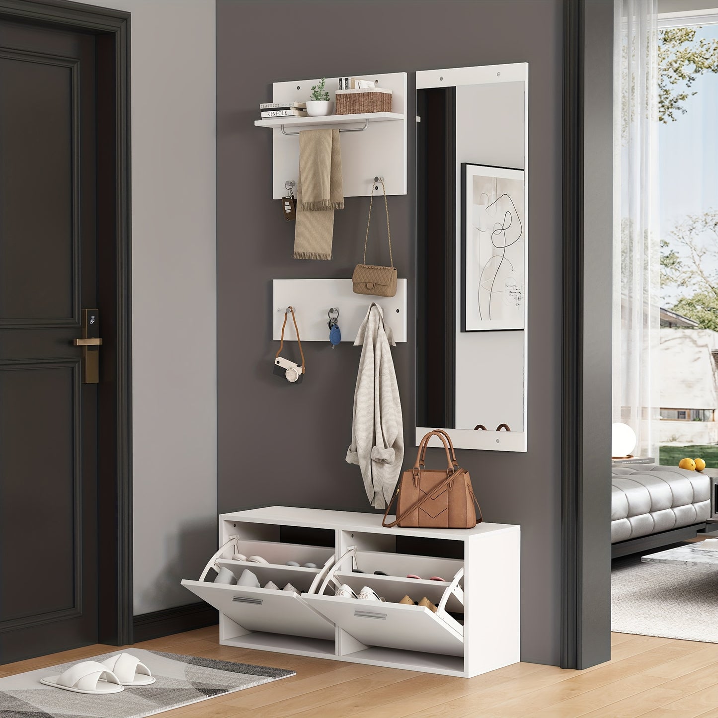4pcs White Modern Classic Entryway Hallway Wardrobe Set with Mirror, 2 Hat Racks, Shoe Cabinet & 6 Coat Hooks - Space-Saving Compact Storage Cabinet with Doors, Easy Assembly, Floor-Standing Design for Small Spaces, Apartment