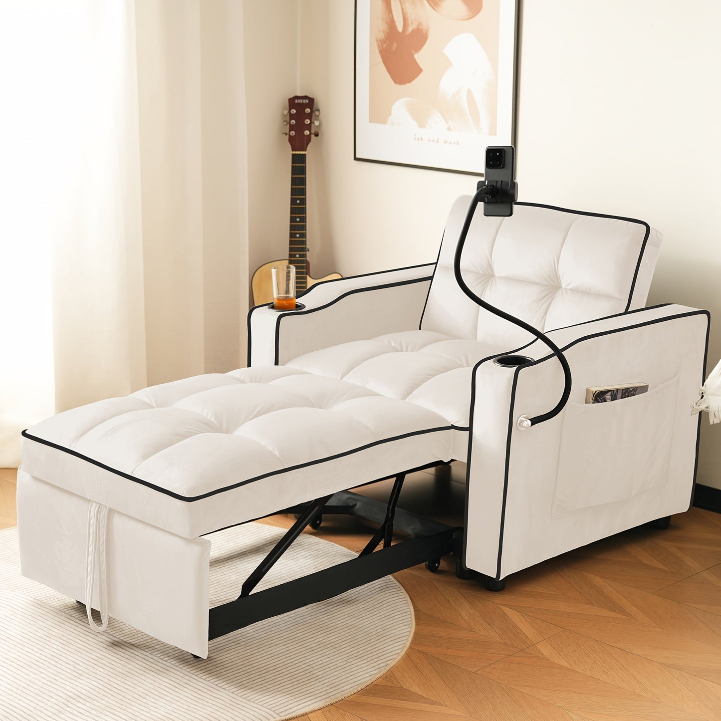 3-in-1 Foam Bank – Slaapbank – Loungestoel – Armstoel – Slaapstoel – Beige – Comfortabele Schuimvulling – Ingebouwde Cup- en Telefoonhouders