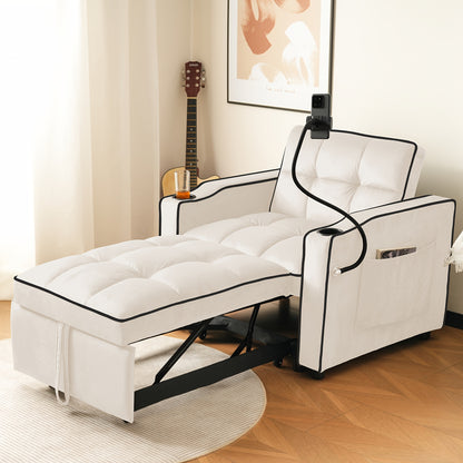 3-in-1 Foam Bank – Slaapbank – Loungestoel – Armstoel – Slaapstoel – Beige – Comfortabele Schuimvulling – Ingebouwde Cup- en Telefoonhouders