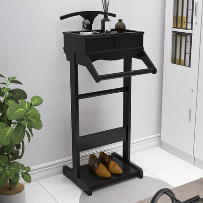 Houten Valet Stand – Kledingrek – Garderoberek – Kleerhanger – Jasstandaard – Zwart Hardhout – Compact Met Plank En Haken