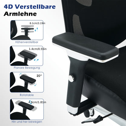 Ergonomische Bureaustoel – Kantoorstoel – Bureaustoel Voor Lange Mensen – Werkstoel – Draaistoel – 4D Verstelbare Armleuningen – Ademend Mesh Rugleuning – Lendensteun & Hoofdbestand – Kantelbaar 120° – Verstelbare Hoogte – Zwarte Metalen Basis